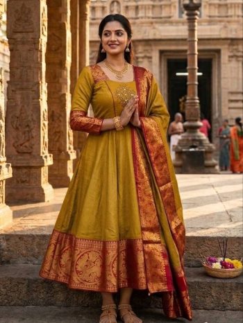 TRADITIONAL KANCHI COTTON ZARI KANCHI BORDER WORK GOWN WITH DUPATTA MUSTARD