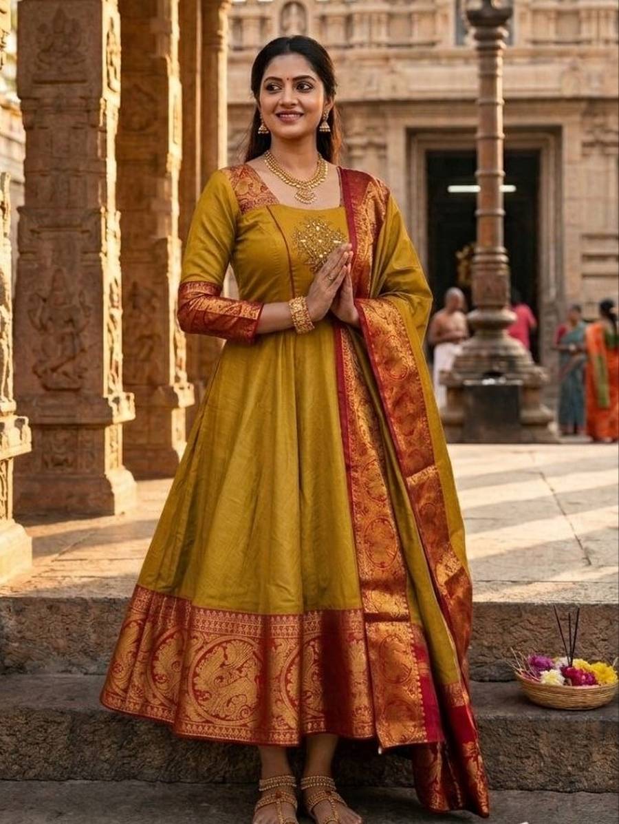 1TRADITIONAL KANCHI COTTON ZARI KANCHI BORDER WORK GOWN WITH DUPATTA WEDDING WEAR WHOLESALE PRICE ETHNIC GARMENT (5)