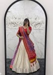 TRADITIONAL SILK DIGITAL PRINTED BLOUSE AND SAREE WITH PLAIN STITCHED LEHENGA CREAM AND BLUE