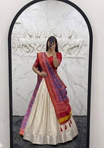 TRADITIONAL SILK DIGITAL PRINTED BLOUSE AND SAREE WITH PLAIN STITCHED LEHENGA CREAM AND  BLUE