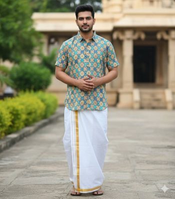 TRADITONAL RUBI COTTON DIGITAL PRINT WORK SHIRT WITH DHOTI GREEN