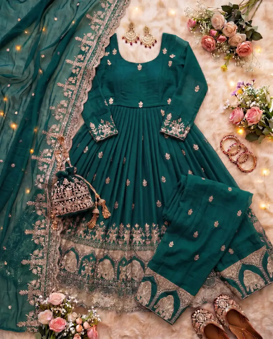 1TRENDING CRUNCHY SILK EMBROIDERY SEQUENCE ZARI WORK GOWN BOTTOM WITH DUPATTA FESTIVE WEAR WHOLESALE PRICE ETHNIC GARMENT (4)