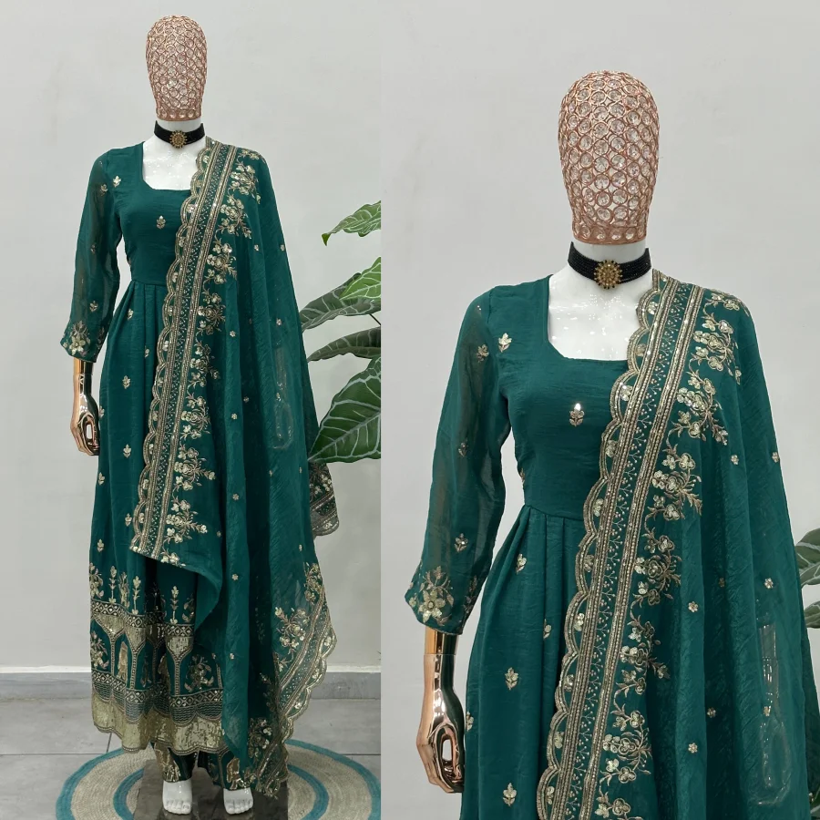 1TRENDING CRUNCHY SILK EMBROIDERY SEQUENCE ZARI WORK GOWN BOTTOM WITH DUPATTA FESTIVE WEAR WHOLESALE PRICE ETHNIC GARMENT (5)