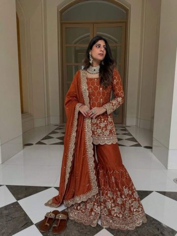 TRENDING GMY SILK EMBROIDERY SEQUENCE WITH REAL MIRROR HAND WORK TOP SHARARA WITH DUPATTA ORANGE