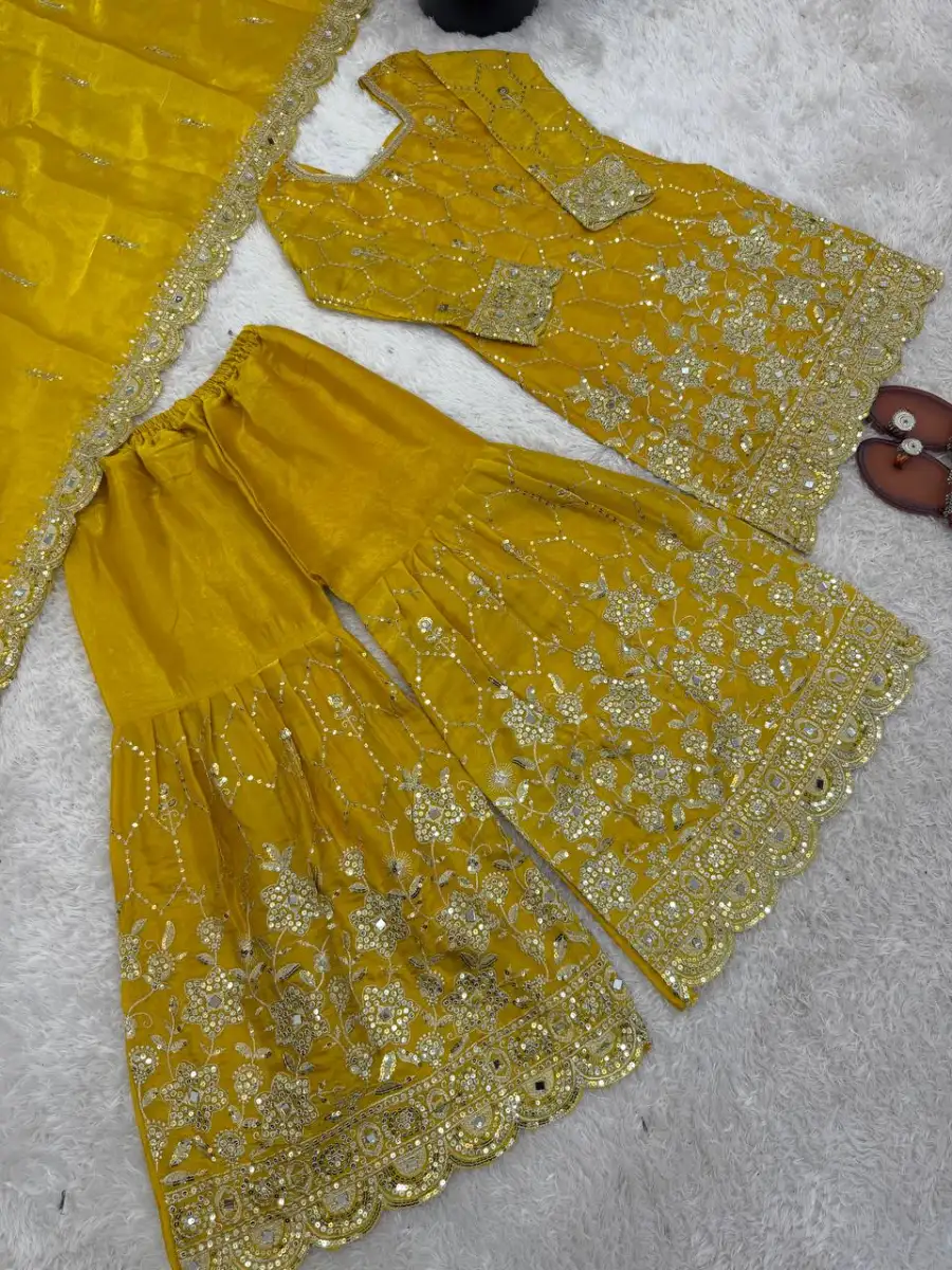 1TRENDING GMY SILK EMBROIDERY SEQUENCE WITH REAL MIRROR HAND WORK TOP SHARARA WITH DUPATTA FESTIVE WEAR WHOLESALE PRICE ETHNIC GARMENT (38)
