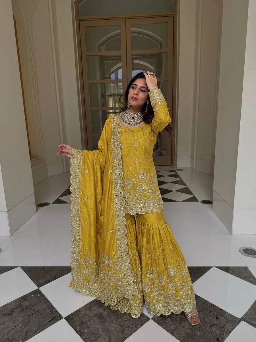 1TRENDING GMY SILK EMBROIDERY SEQUENCE WITH REAL MIRROR HAND WORK TOP SHARARA WITH DUPATTA FESTIVE WEAR WHOLESALE PRICE ETHNIC GARMENT (40)