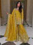 TRENDING GMY SILK EMBROIDERY SEQUENCE WITH REAL MIRROR HAND WORK  TOP SHARARA WITH DUPATTA YELLOW
