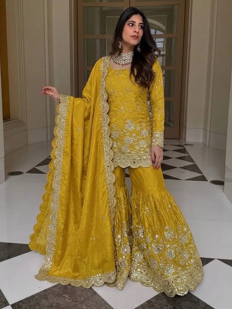 1TRENDING GMY SILK EMBROIDERY SEQUENCE WITH REAL MIRROR HAND WORK TOP SHARARA WITH DUPATTA FESTIVE WEAR WHOLESALE PRICE ETHNIC GARMENT (42)