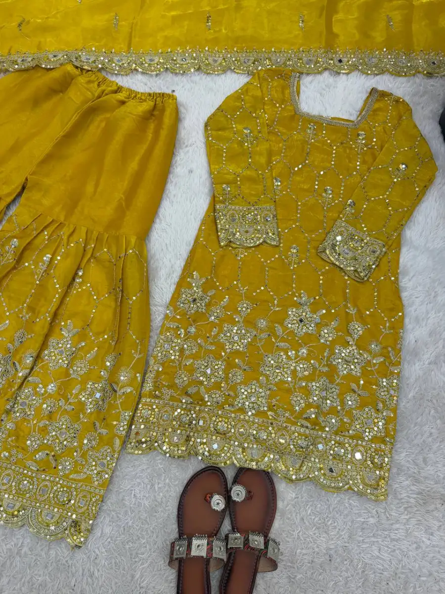 1TRENDING GMY SILK EMBROIDERY SEQUENCE WITH REAL MIRROR HAND WORK TOP SHARARA WITH DUPATTA FESTIVE WEAR WHOLESALE PRICE ETHNIC GARMENT (45)