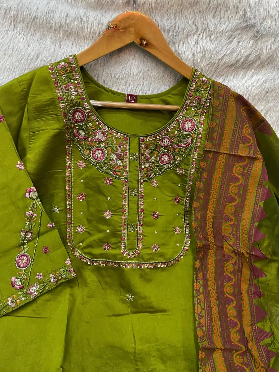 24DESIGNER MANGO SILK MULTI EMBROIDERY WITH SEQUENCE & HAND WORK TOP BOTTOM WITH DUPATTA FESTIVE WEAR WHOLESALE PRICE ETHNIC GARMENT (1)