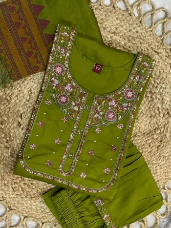 DESIGNER MANGO SILK MULTI EMBROIDERY WITH SEQUENCE & HAND WORK TOP BOTTOM WITH DUPATTA PARROT GREEN