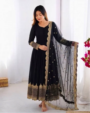 DESIGNER GEORGETTE EMBROIDERY SEQUENCE WORK GOWN WITH DUPATTA BLACK