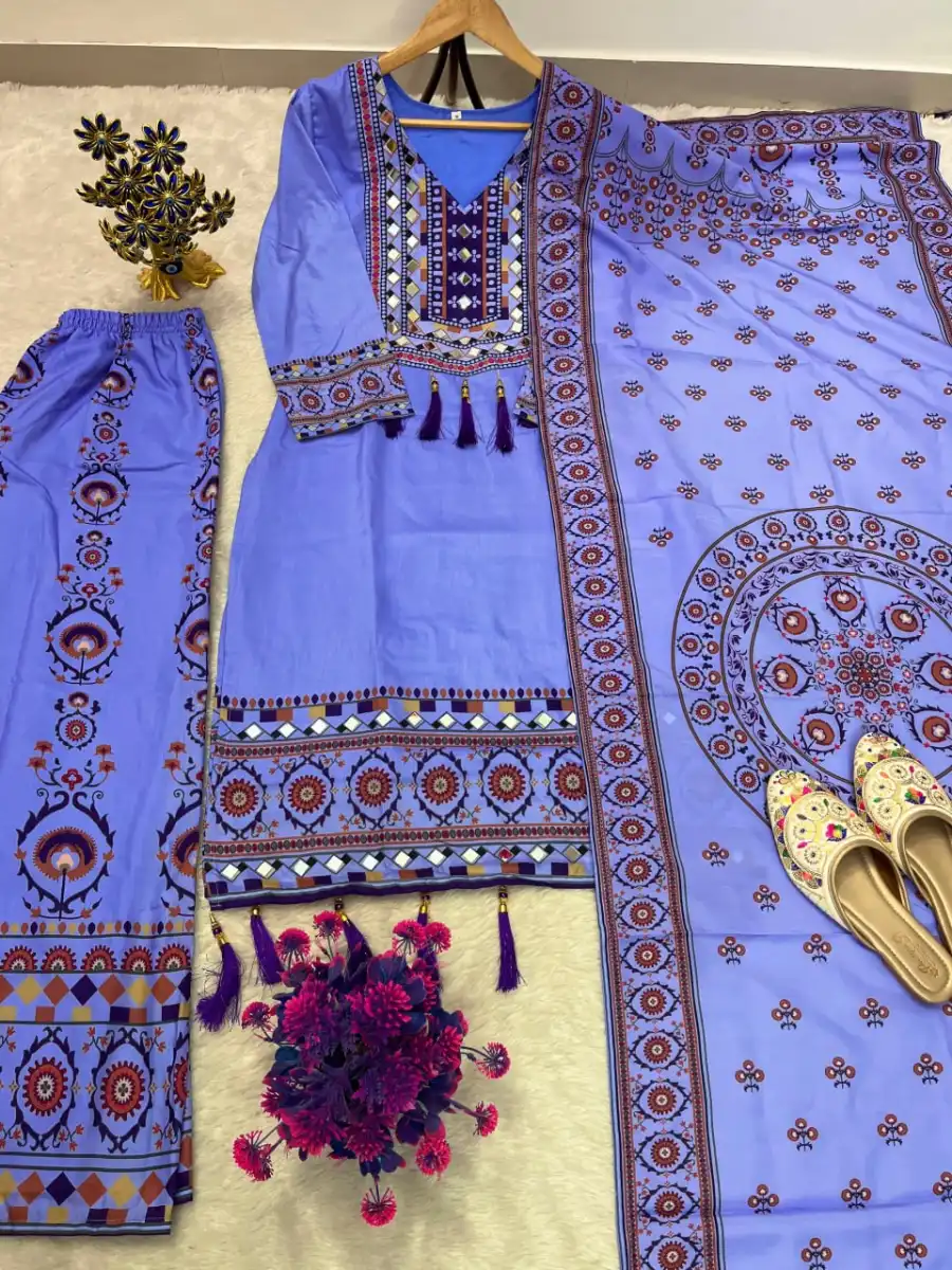 27NEW ARRIVAL MUSLIN DIGITAL PRINT WITH LATKAN AND REAL MIRROR WORK TOP PALAZZO WITH DUPATTA DAILY WEAR WHOLESALE PRICE ETHNIC GARMENT (26)
