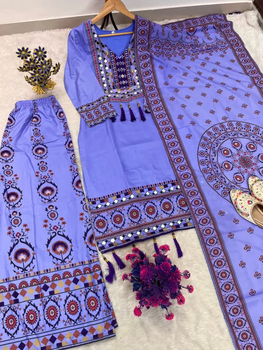 27NEW ARRIVAL MUSLIN DIGITAL PRINT WITH LATKAN AND REAL MIRROR WORK TOP PALAZZO WITH DUPATTA DAILY WEAR WHOLESALE PRICE ETHNIC GARMENT (27)