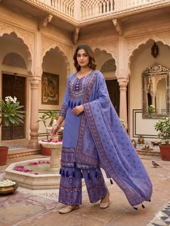 NEW ARRIVAL MUSLIN DIGITAL PRINT WITH LATKAN AND REAL MIRROR WORK TOP PALAZZO WITH DUPATTA PURPLE