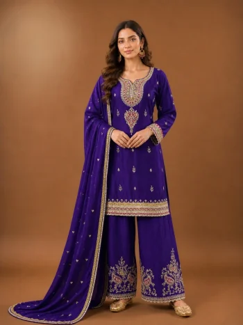 DESIGNER CHINON EMBROIDERY CODING WITH SEQUENCE WORK TOP PATIYALA WITH DUPATTA PURPLE