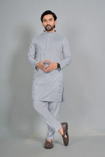 DESIGNER COTTON SILK EMBROIDERY  WORK MEN'S KURTA GREY