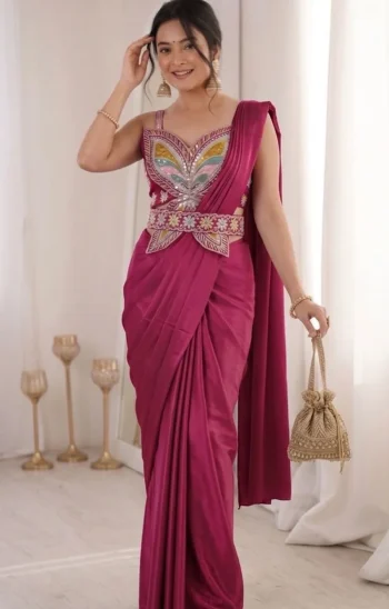 DESIGNER CREPE EMBROIDERY WORK READY TO WEAR SAREE WITH STITCHED BLOUSE RANI