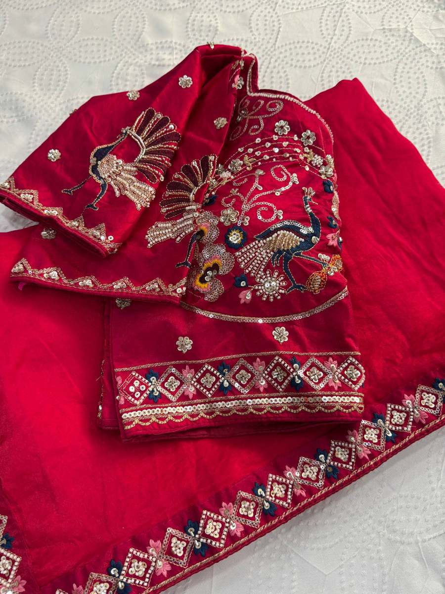 2DESIGNER FENDY SATIN SILK 3BEADS, SEQUNCE & CUTDANA EMBROIDERY WORK LACE BORDER WORK SAREE WITH STITCHED BLOUSE WEDDING WEAR WHOLESALE PRICE ETHNIC GARMENT (26)