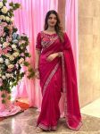DESIGNER FENDY SATIN SILK 3BEADS, SEQUNCE & CUTDANA EMBROIDERY WORK LACE BORDER WORK SAREE WITH STITCHED BLOUSE RANI