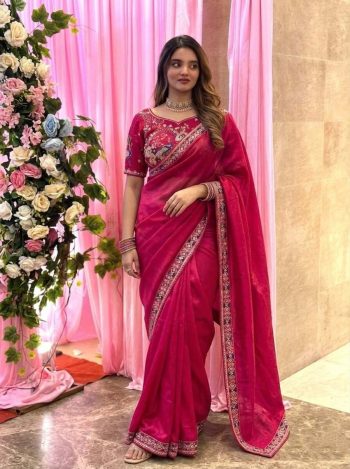 DESIGNER FENDY SATIN SILK 3BEADS, SEQUNCE & CUTDANA EMBROIDERY WORK LACE BORDER WORK SAREE WITH STITCHED BLOUSE RANI