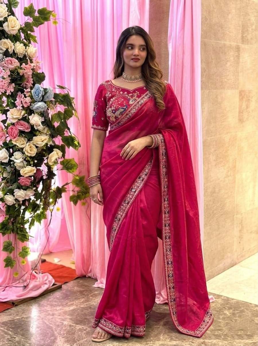 2DESIGNER FENDY SATIN SILK 3BEADS, SEQUNCE & CUTDANA EMBROIDERY WORK LACE BORDER WORK SAREE WITH STITCHED BLOUSE WEDDING WEAR WHOLESALE PRICE ETHNIC GARMENT (28)