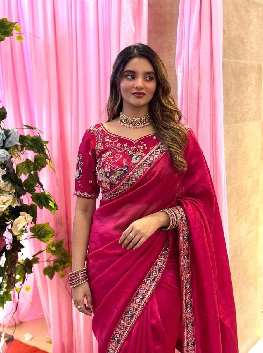 2DESIGNER FENDY SATIN SILK 3BEADS, SEQUNCE & CUTDANA EMBROIDERY WORK LACE BORDER WORK SAREE WITH STITCHED BLOUSE WEDDING WEAR WHOLESALE PRICE ETHNIC GARMENT (30)