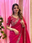 2DESIGNER FENDY SATIN SILK 3BEADS, SEQUNCE & CUTDANA EMBROIDERY WORK LACE BORDER WORK SAREE WITH STITCHED BLOUSE WEDDING WEAR WHOLESALE PRICE ETHNIC GARMENT (28)