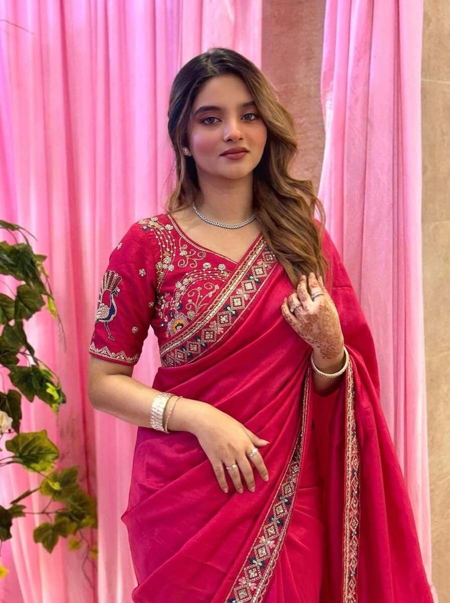 2DESIGNER FENDY SATIN SILK 3BEADS, SEQUNCE & CUTDANA EMBROIDERY WORK LACE BORDER WORK SAREE WITH STITCHED BLOUSE WEDDING WEAR WHOLESALE PRICE ETHNIC GARMENT (31)