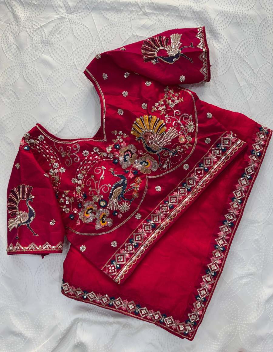 2DESIGNER FENDY SATIN SILK 3BEADS, SEQUNCE & CUTDANA EMBROIDERY WORK LACE BORDER WORK SAREE WITH STITCHED BLOUSE WEDDING WEAR WHOLESALE PRICE ETHNIC GARMENT (33)