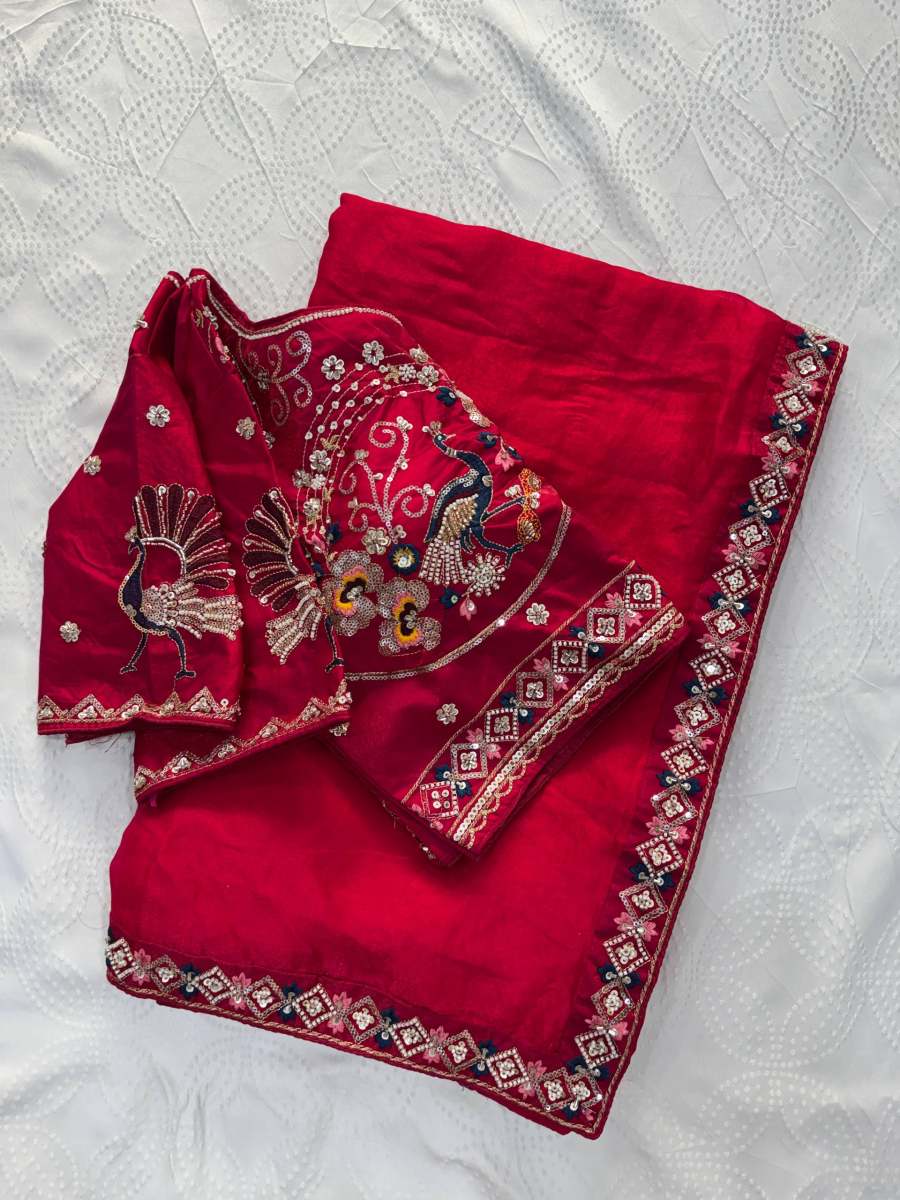 2DESIGNER FENDY SATIN SILK 3BEADS, SEQUNCE & CUTDANA EMBROIDERY WORK LACE BORDER WORK SAREE WITH STITCHED BLOUSE WEDDING WEAR WHOLESALE PRICE ETHNIC GARMENT (34)