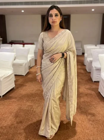 DESIGNER FENDY SATIN SILK BEADS & SEQUENCE EMBROIDERY WORK LACE BORDER SAREE WITH STITCHED BLOUSE CREAM