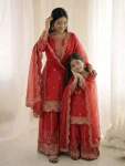 DESIGNER FENDY SILK EMBROIDERY CODING AND SEQUENCE WORK MOTHER DAUGHTER SET RED