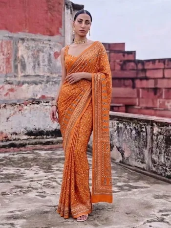 DESIGNER GEORGETTE CUTDANA AND REAL MIRROR WORK SAREE WITH UNSTITCHED BLOUSE YELLOW