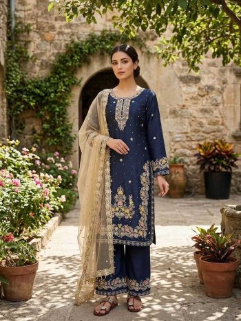 DESIGNER GMY SILK EMBROIDERY SEQUENCE WORK TOP PALAZZO WITH DUPATTA NAVY BLUE