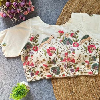 DESIGNER KHADI COTTON EMBROIDERED WORK STITCHED BLOUSE OFF WHITE