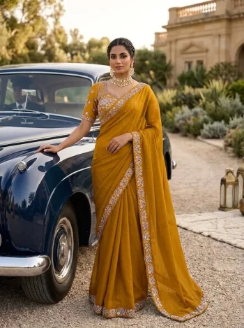 DESIGNER MALAI SATIN BEADS 3 SEQUNCE EMBROIDERY WORK LACE BORDER WORK SAREE WITH STITCHED BLOUSE MUSTARD