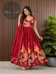 DESIGNER PURE SILK DIGITAL POSITION FOIL PRINT WORK GOWN WITH DUPATTA MAROON