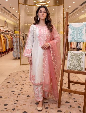 DESIGNER ROMAN GLASS EMBROIDERY THREAD WORK TOP PALAZZO WITH DUPATTA WHITE AND BABY PINK
