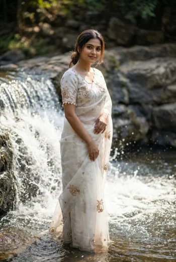 DESIGNER SPACE SILK EMBROIDERY BEADS WORK HEAVY BUTTA WITH TONE ARC WORK SAREE WITH STITCHED BLOUSE WHITE