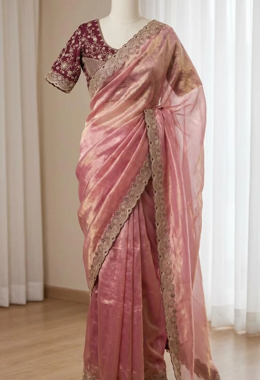 2DESIGNER SPACE SILK EMBROIDERY THREAD WORK BORDER SAREE WITH STITCHED BLOUSE WEDDING WEAR WHOLESALE PRICE ETHNIC GARMENT (10)