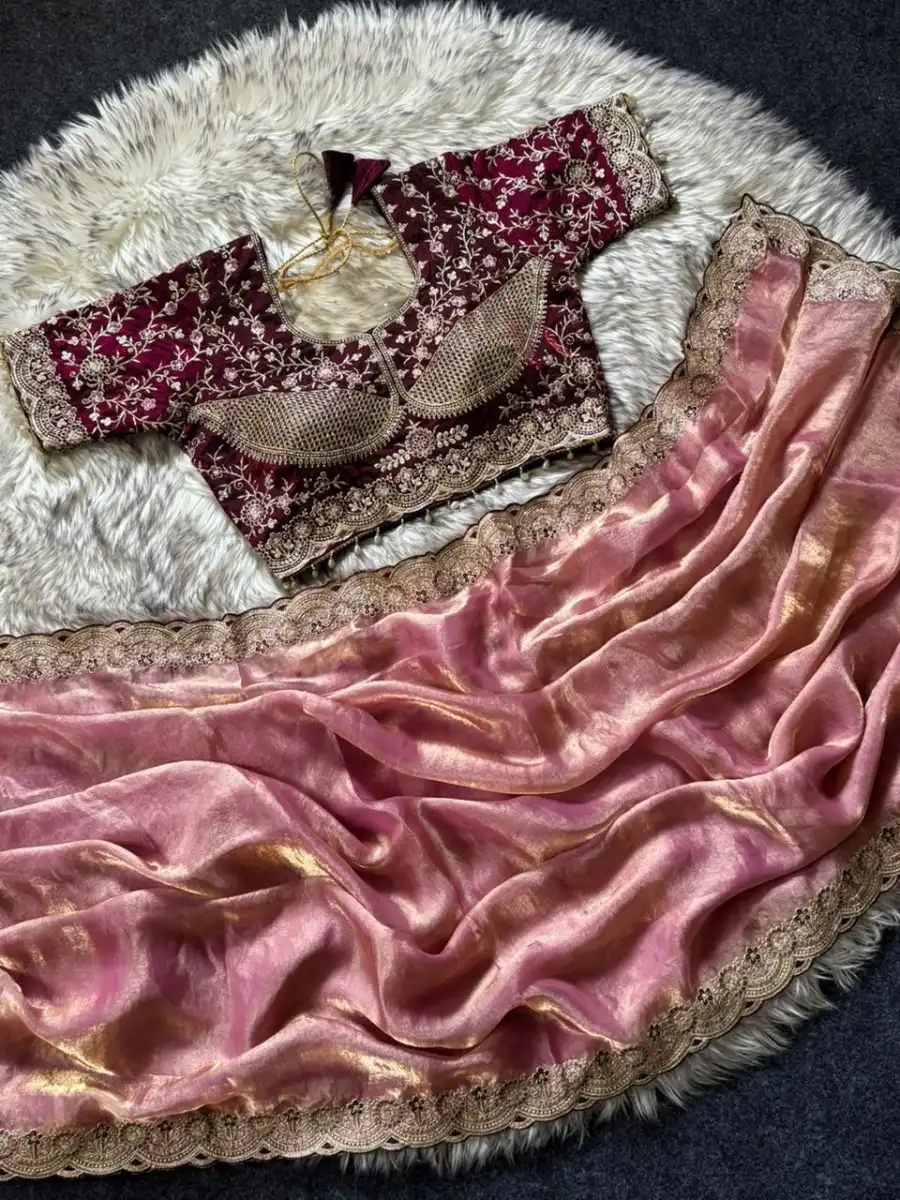 2DESIGNER SPACE SILK EMBROIDERY THREAD WORK BORDER SAREE WITH STITCHED BLOUSE WEDDING WEAR WHOLESALE PRICE ETHNIC GARMENT (6)