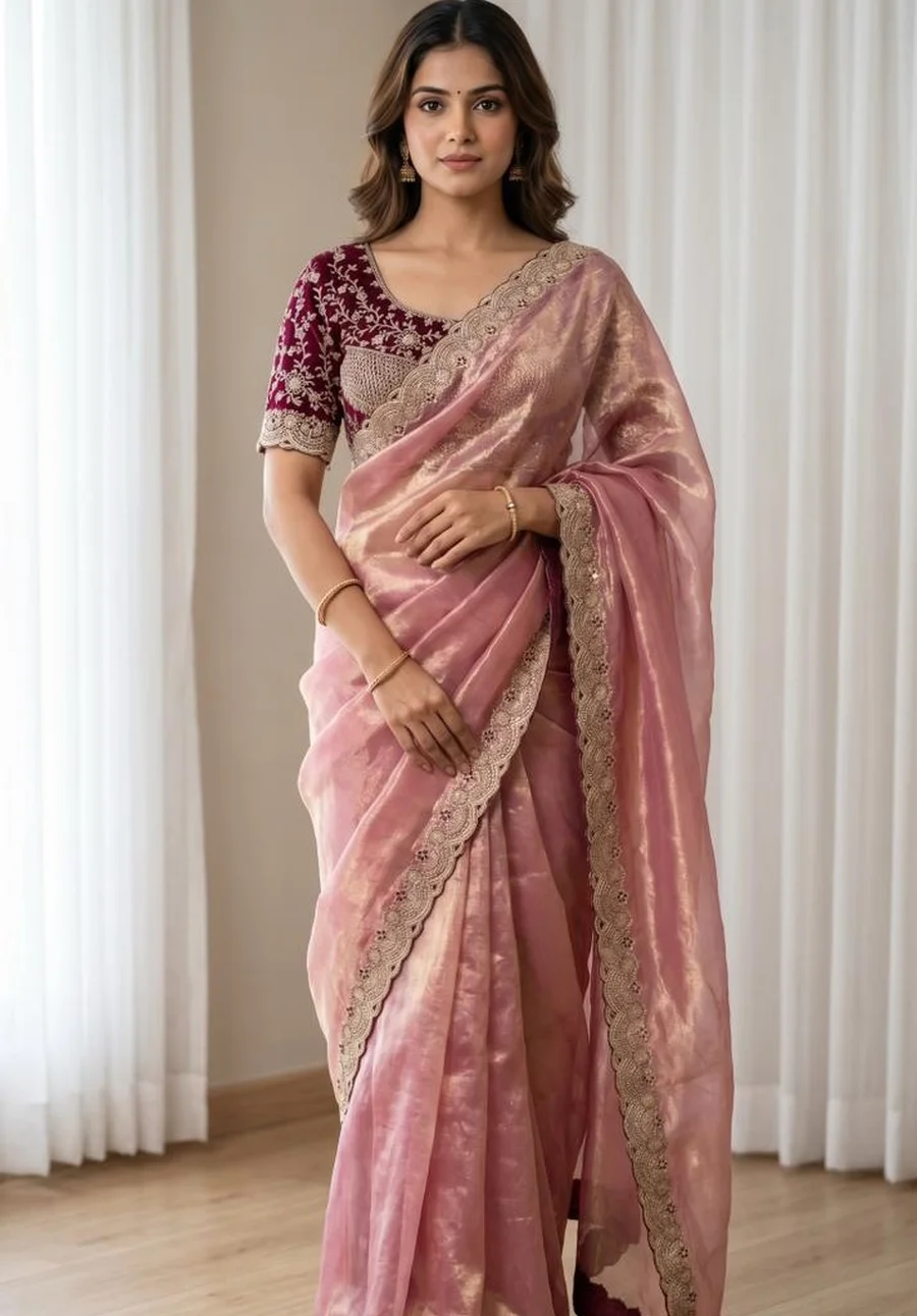 2DESIGNER SPACE SILK EMBROIDERY THREAD WORK BORDER SAREE WITH STITCHED BLOUSE WEDDING WEAR WHOLESALE PRICE ETHNIC GARMENT (7)