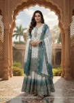 DESIGNER STAR GEORGTTE EMBROIDERY 5 MM SEQUENCE WORK TOP PALAZZO WITH DUPATTA OFF WHITE AND RAMA