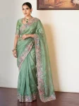2DESIGNER TISSUE SILK EMBROIDERY WITH CUTWORK SAREE WITH UNSTITCHED BLOUSE WEDDING WEAR WHOLESALE PRICE ETHNIC GARMENT (25)