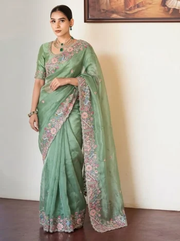 DESIGNER TISSUE SILK EMBROIDERY WITH CUTWORK SAREE WITH UNSTITCHED BLOUSE PISTA