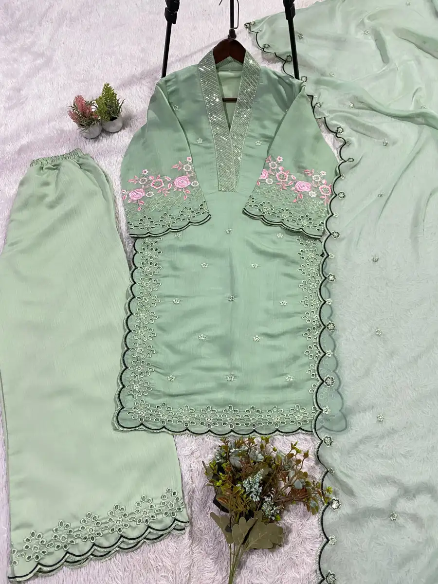 2FANCY MUL CHANDERI SEQUENCE EMBROIDERY WITH CUT WORK TOP PALAZZO WITH DUPATTA FESTIVE WEAR WHOLESALE PRICE ETHNIC GARMENT (19)