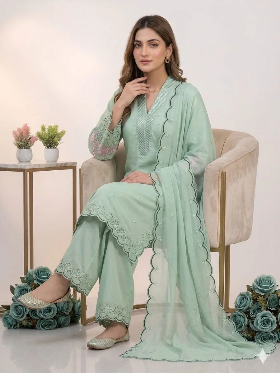 2FANCY MUL CHANDERI SEQUENCE EMBROIDERY WITH CUT WORK TOP PALAZZO WITH DUPATTA FESTIVE WEAR WHOLESALE PRICE ETHNIC GARMENT (24)