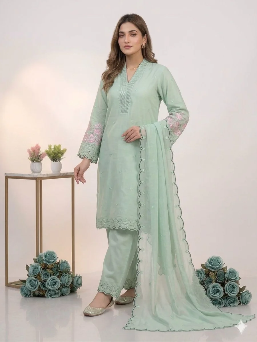 2FANCY MUL CHANDERI SEQUENCE EMBROIDERY WITH CUT WORK TOP PALAZZO WITH DUPATTA FESTIVE WEAR WHOLESALE PRICE ETHNIC GARMENT (25)