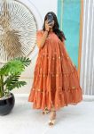 FANCY MUL COTTON CHANDERI EMBROIDERY WORK ONE PIECE DRESS ORANGE
